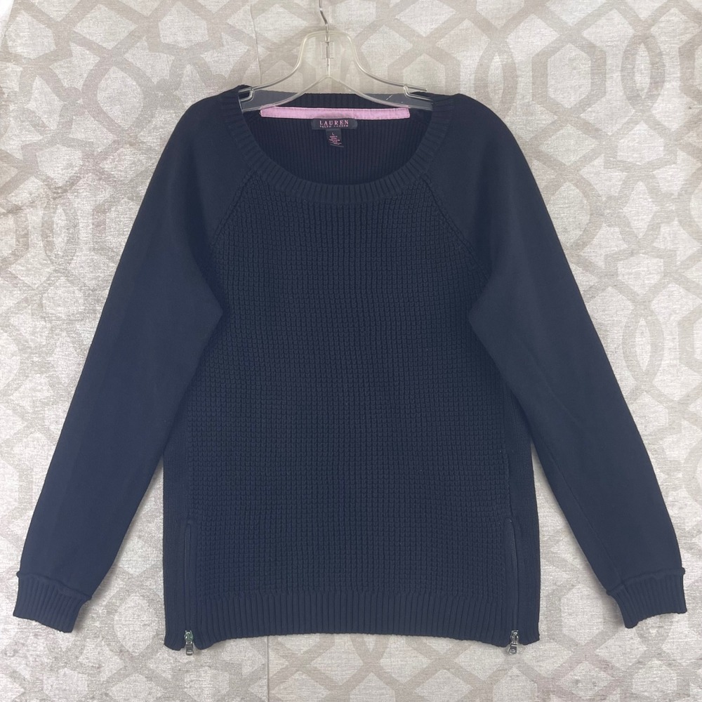 Lauren Ralph Lauren Women Large Black Side Zip Waffle Knit Cotton Sweater L